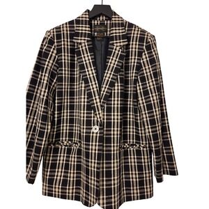 Requirements Black Plaid Blazer Jacket Size 12 Linen Blend Single Button